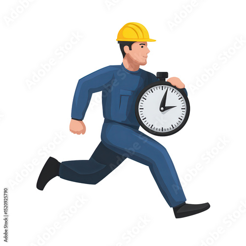 A worker in a hard hat runs while holding a stopwatch, symbolizing urgency and time management.