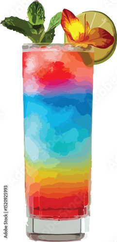 vibrant layered cocktail in a tall glass.eps