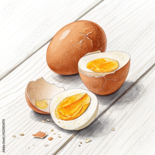 Cracked Boiled Egg Watercolor Illustration on Wood, Food, Breakfast, illustration