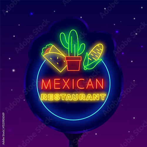 Mexican restaurant neon signboard. Light street billboard. Burrito, corn and and cactus. Vector stock illustration