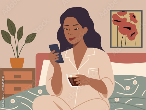 Young Asian woman enjoying morning cup of coffee while using smartphone in the bedroom