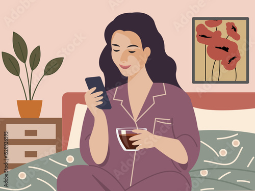 Young woman enjoying cup of coffee and using smartphone upon waking up 