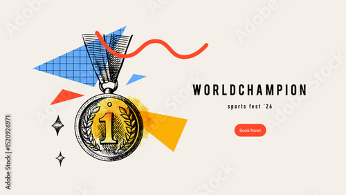 Vector sketch sport background with collage of medal. Poster, certificate, diploma design. Hand drawn illustration.