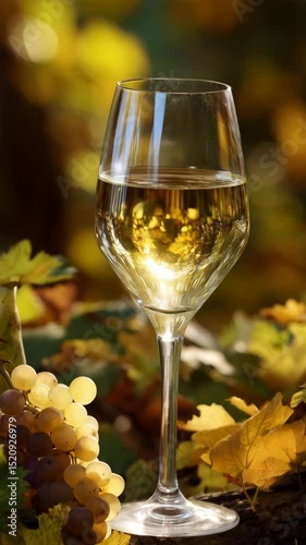 Elegant glass of white wine in vineyard setting with grapes and autumn leaves, golden sunlight creates a festive ambiance.