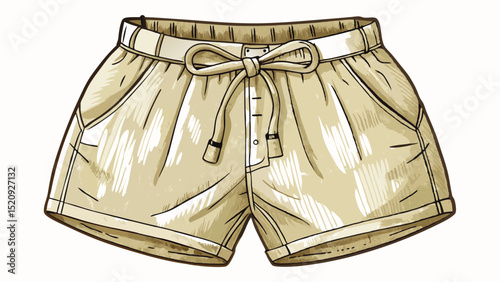 Light beige linen shorts with elastic waistband and drawstring, isolated on a white background. A comfortable and breathable option for boys' fashion, ideal for warm weather vector scenes.
