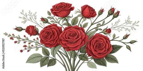Engraved Red Rose Bouquet Illustration, Botanical, Floral Design, Rose illustration Rose bouquet, botanical art