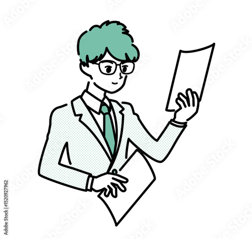 資料を手に持ち確認する若いビジネスマンの緑のイラスト