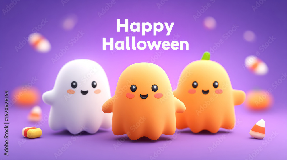 pastel orange background, bubbly Happy Halloween text surrounded by smiling pumpkins, ghosts, and candy pastel orange background, bubbly Happy Halloween text surrounded by smiling pumpkins, ghosts, and candy
