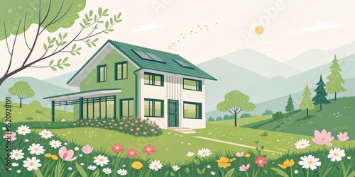 Green Eco House in Spring Landscape, Solar Panels, Flower Garden, Sustainable Home Green living, Eco-friendly home