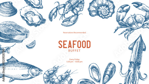 Sketch vintage seafood frame. Hand drawn vector illustration background. Salmon, crab, shrimps, lobster, oysters, squid set