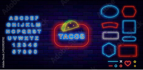 Tacos street food neon label. Mexican bar. Taste of Mexico. Shiny blue alphabet. Vector stock illustration