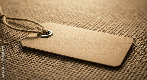 close-up of blank brown kraft paper hang tag with rounded corners and metal eyelet, tied with natural jute string