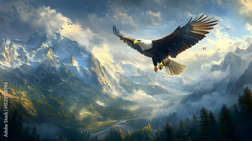 Majestic eagle soaring above a valley nestled amidst snow-capped peaks.