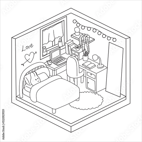 Illustrated Minimalist BedRoom With Furniture and Decorative Element. Coloring Page for Kids and Adult