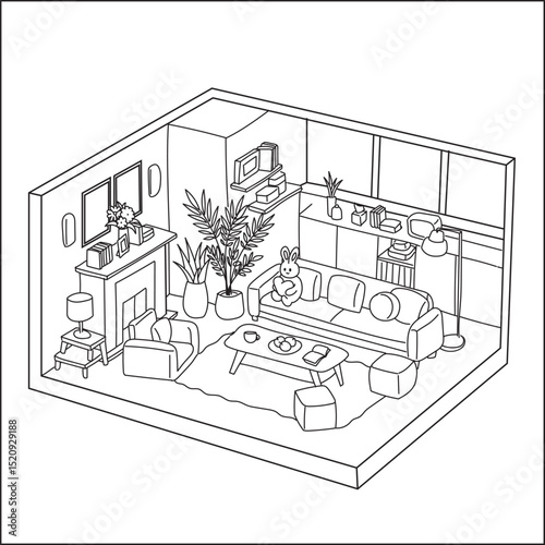 Illustrated Minimalist Living Room With Furniture and Decorative Element. Coloring Page for Kids and Adult