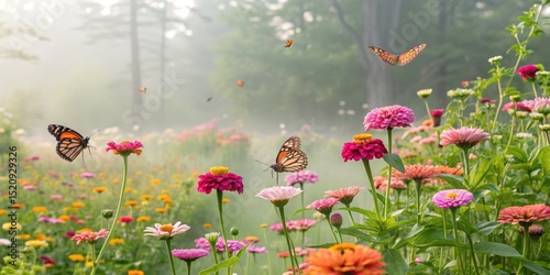 Misty Meadow Butterflies on Zinnias, Butterfly Garden, Flower Photography