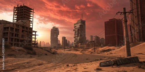 Post-Apocalyptic Cityscape Ruined Buildings at Sunset, Deserted Urban Landscape Post-Apocalyptic, dystopian