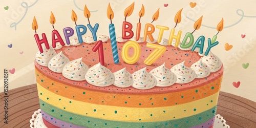 Rainbow Layer Cake with 107 Candles, Birthday Cake, Celebration