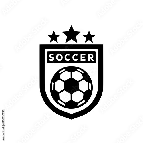 Simple and modern vector logo featuring a soccer ball inside a shield with 'SOCCER' text and three stars above it. Symbolizing sport, competition, victory, and team spirit. 
