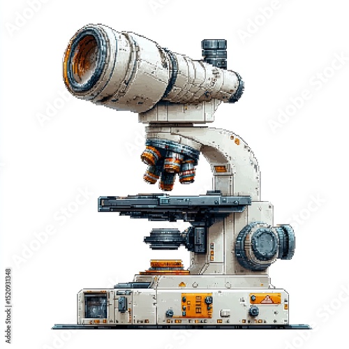 A pixelated microscope stands against a white backdrop. The microscope features a complex arrangement of lenses, knobs, and a viewing piece used for scientific observation