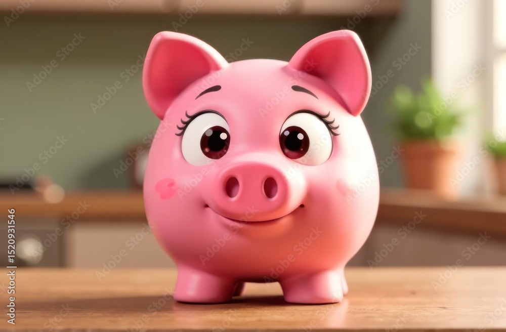 pink piggy bank with cartoon eyes on wooden table. bright indoor setting with green plant in background. savings, finance concept. children's design. pink piggy bank with cartoon eyes on wooden table. bright indoor setting with green plant in background. savings, finance concept. children's design.