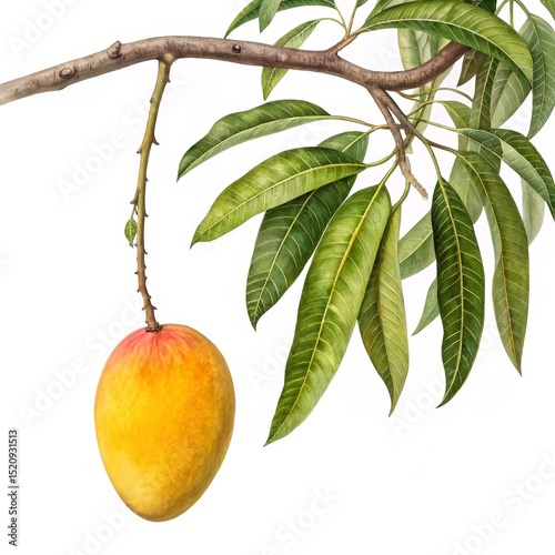 Watercolor Mango on Branch, Botanical Illustration, Fruit Painting, Mango Leaves Tropical Fruit, Still Life