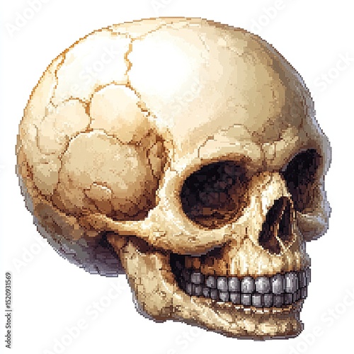 An isolated human skull with a pixelated aesthetic. The cranium has cracks, with visible eye sockets, nose opening, and full set of teeth. The texture is beige and aged