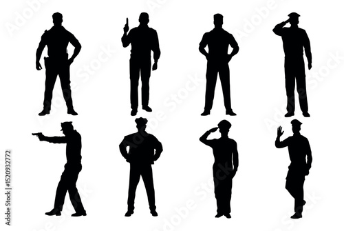 Set of policeman silhouette vector on white background, officer.