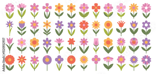 Collection of Retro Style Flat Flower Illustrations