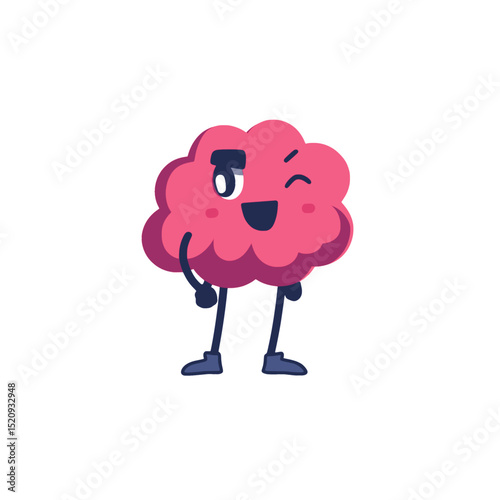 Winking Pink Brain Cartoon Character Illustration, Playful pink brain cartoon character winking and smiling with a confident pose, representing creativity, cleverness, and positive energy.


