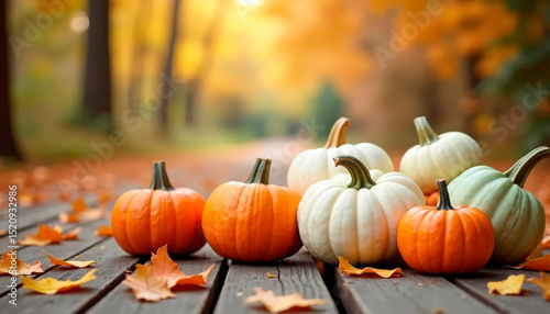 Autumn pumpkins with falling leaves on rustic wood floor in sunlight. Concept of harvest, Thanksgiving, and Halloween.