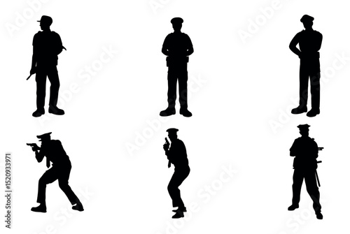 Set of policeman silhouette vector on white background, officer.