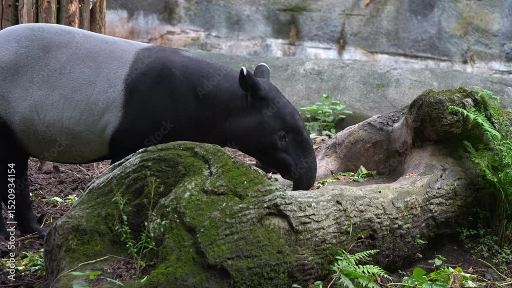 A herbivorous mammal, a hungry Malayan tapir (Tapirus indicus) eating food in the enclosure, close up shot. A herbivorous mammal, a hungry Malayan tapir (Tapirus indicus) eating food in the enclosure, close up shot.