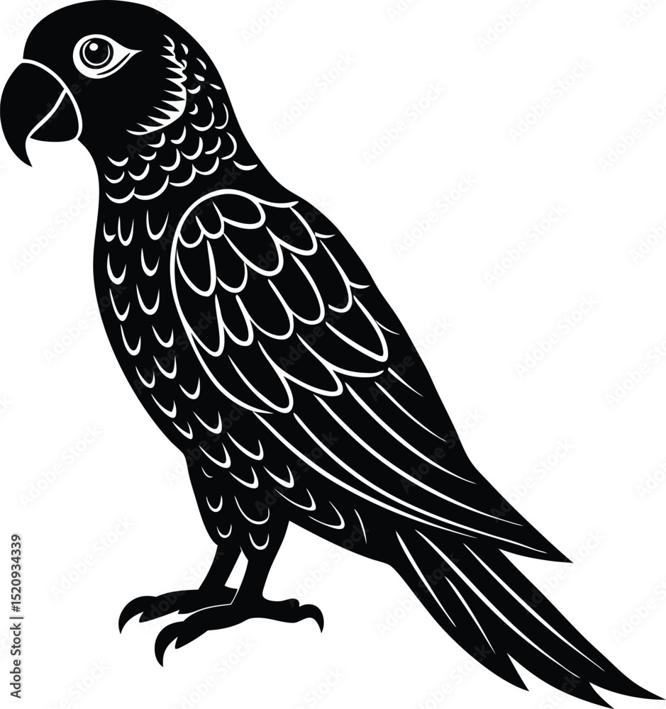Fototapeta premium Parrot Illustration in Black and White Tropical Art with Minimalist Bird Design for Exotic Wildlife Illustration