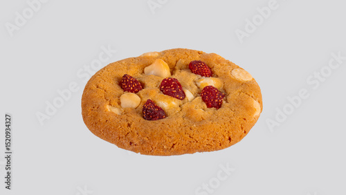 Vanilla cookies topped with nuts and strawberries on a white background