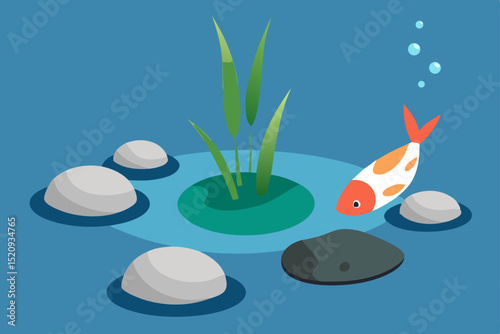 Zen stones and water drops create a tranquil nature illustration, with fish and tropical plants adding serene underwater life