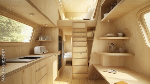Compact, light-filled, minimalist wooden cabin interior.