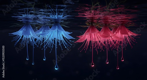Ethereal Beauty: Blue and Red Flowers Reflected in Water with Delicate Water Droplets, Captivating Botanical Art with Dreamy Reflections and Vibrant Colors, Nature's Delicate Dance