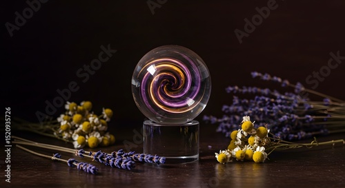 Mystical Crystal Ball with Swirling Energy & Dried Flowers: A Still Life Photography of Spiritualism, Magic, and Healing Practices for Esoteric and Wellness Themes.