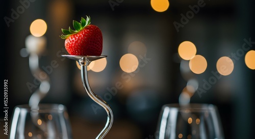 Elegant Strawberry Still Life: A Single Red Strawberry Displayed on Silver Stand with Bokeh Lights Background, Fine Dining, Dessert, Gourmet Food, Fresh Fruit Presentation