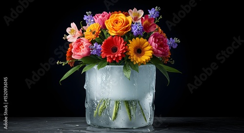 Vibrant Floral Arrangement in an Ice Vase: A Stunning Display of Colorful Flowers, Featuring Roses, Gerbera Daisies, Tulips, and Alstroemeria on a Dark Background, Symbolizing Beauty and Freshness.