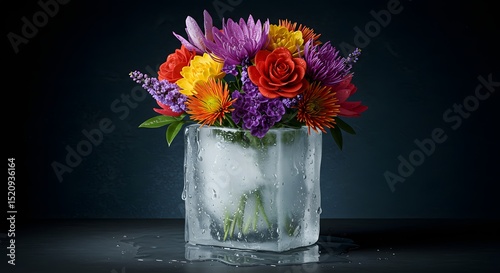 Striking Floral Arrangement: Vibrant Bouquet of Roses, Chrysanthemums, and Lilac Displayed in a Unique Ice Block Vase with Melting Ice, Evoking Freshness and Beauty.