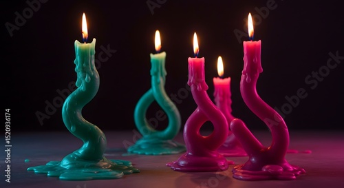 Surreal Twisted Candles with Burning Flames: Pink and Teal Wax Sculptures Lit in the Dark, Abstract Candlelight Art for Spiritual, Ritual, or Decorative Concepts and Design Elements