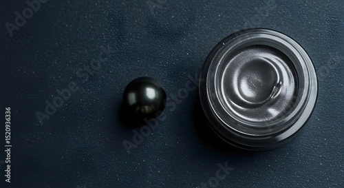 Luxurious Charcoal Face Mask Still Life: Silver Clay Texture in Glass Jar with Black Pearl on Deep Blue Background for Beauty, Skin Care, and Spa Concepts