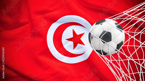 Football ball with the national flag of Tunisia. Flag of Tunisia. Horizontal Realistic waving flag of State of Tunisia. Fabric textured flowing flag of Tunisia. vector illustraton
