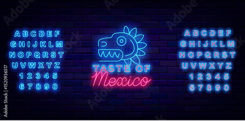 Taste of Mexico neon label with Mayo dragon head. Mexican bar and restaurant. Vector stock illustration