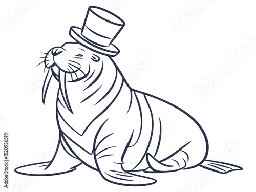Whimsical cartoon walrus wearing a top hat smiling contentedly
