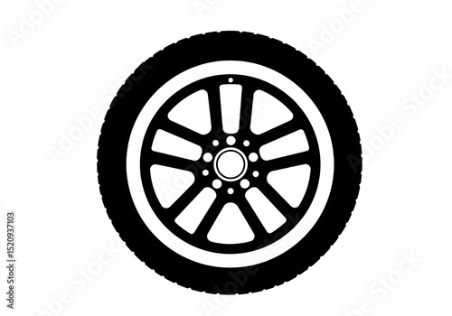 A black and white vector image of a car wheel with a tire and a rim on a white isolated background