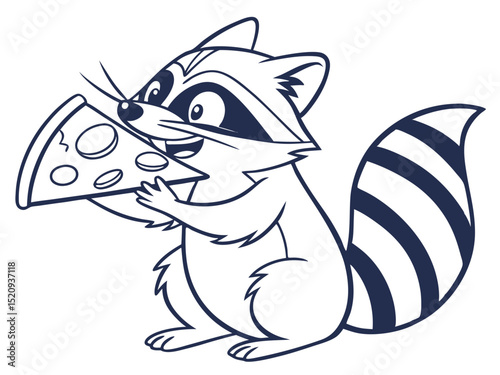 Adorable cartoon raccoon happily eating a slice of pizza