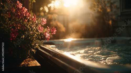 Fototapeta Naklejka Na Ścianę i Meble -  Luxurious Outdoor Jacuzzi Surrounded By Flowers During Serene Sunset